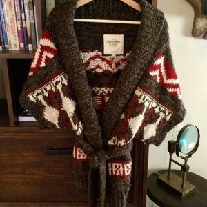Abercrombie & Fitch Knit Cardigan with Red and White Patterns